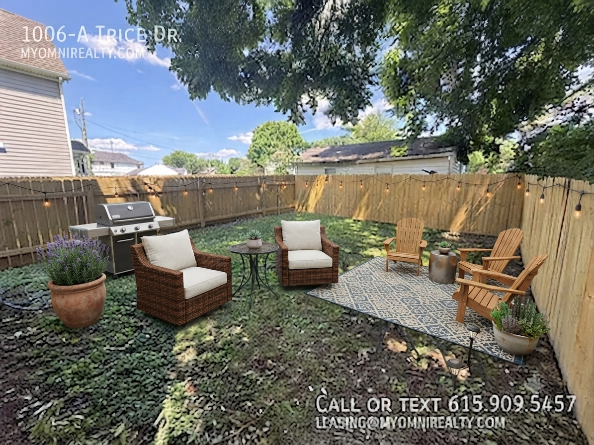 Backyard of a fenced lot with string lights, two wicker chairs with cushions, a small round table, two Adirondack chairs on a blue patterned rug, and potted plants beside a grill and gravel ground. Address text reads 1006-A Trice Dr (real estate listing).