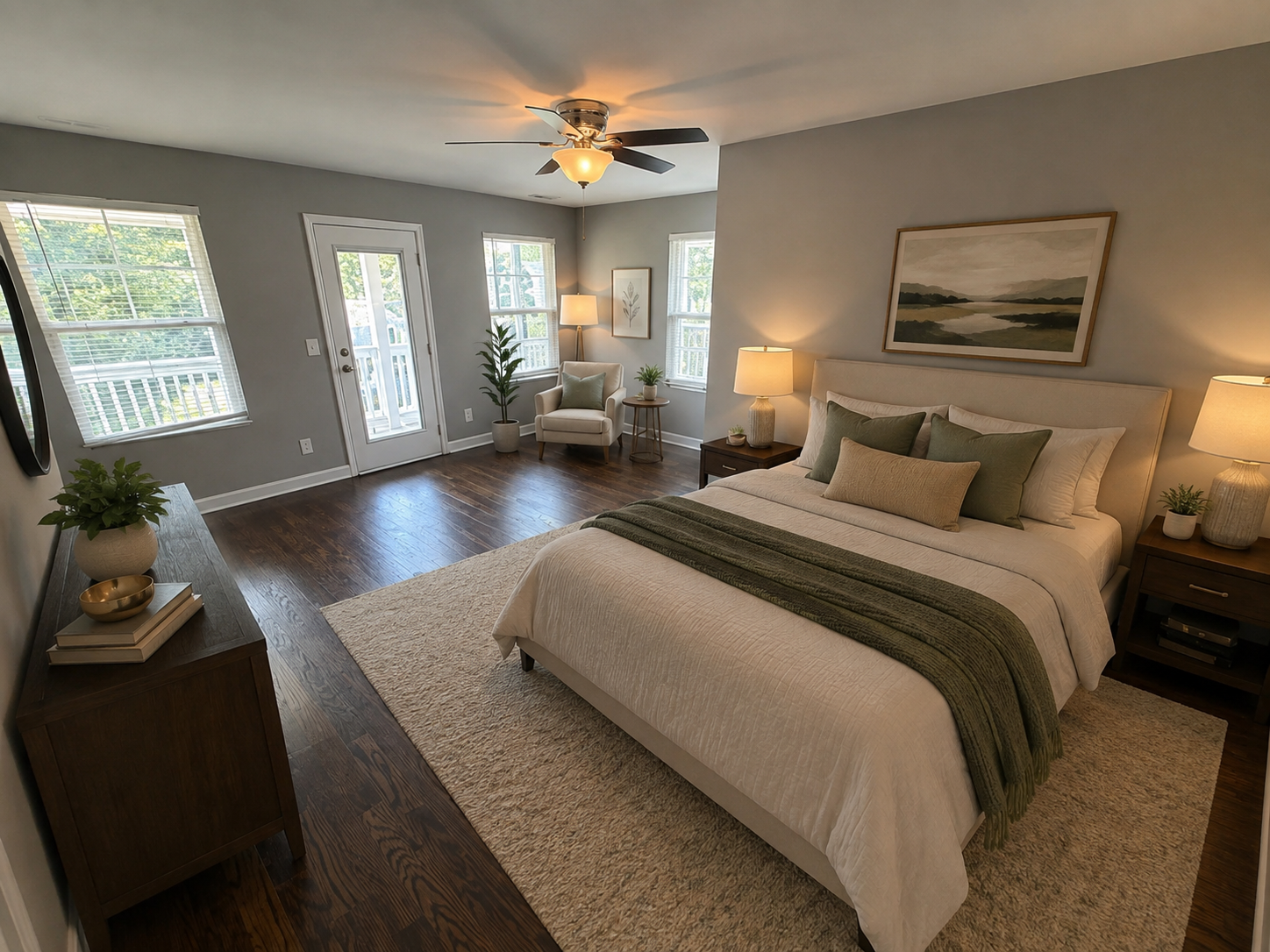Bright master bedroom with a white upholstered bed, green pillows, two wooden nightstands, and soft beige rug under a ceiling fan.