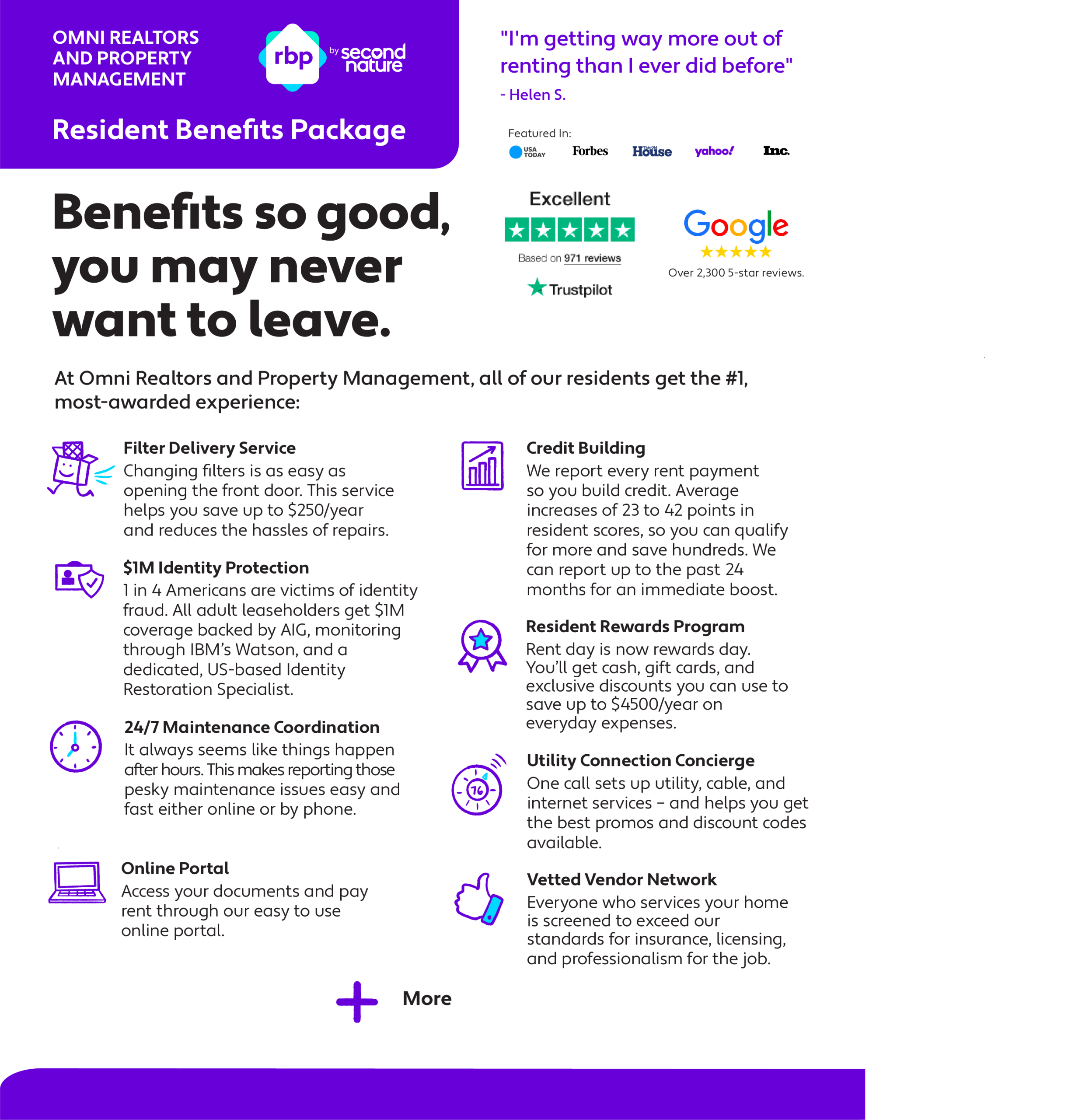Purple hero banner reading 'Resident Benefits Package' with logos, left-heavy layout indicating a real estate benefits page.