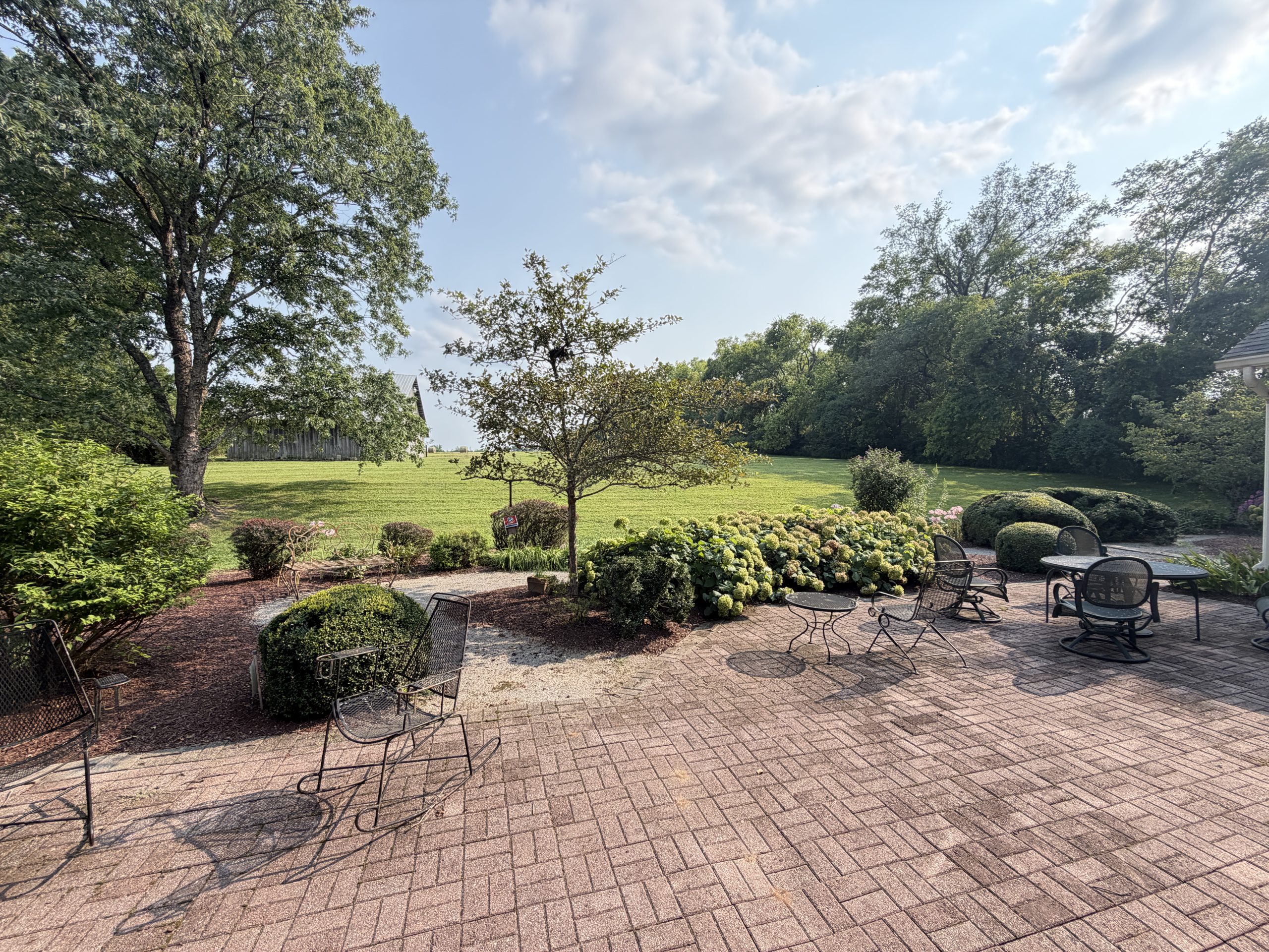 Brick-paved patio with black metal tables and chairs, green shrubs and large trees under a blue sky.